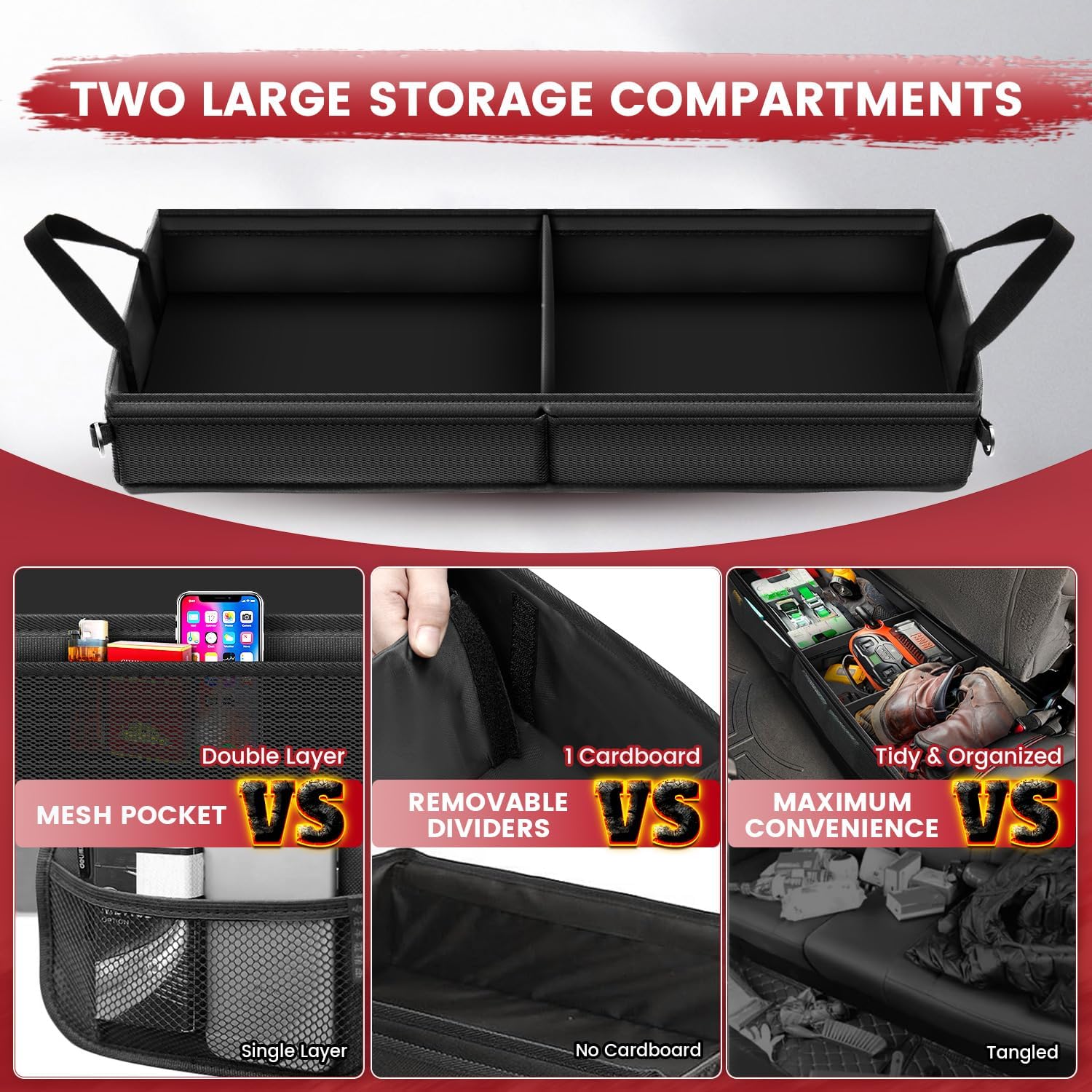 Canvcle Under Seat Truck Organizer Storage Box with 1 Removable Divider & 5 Storage Mesh Bag, Collapsible Trunk Organizer for Car, SUV, Truck, or Van(Full Size Trucks) Two large storage compartments