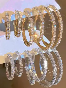 Vintage Elegant Chic Sparkling Rhinestone Hoop Earrings Set, Multi-Element, Small/Medium/Large, Suitable For Women's Daily Wear, Holiday, Date, Gift