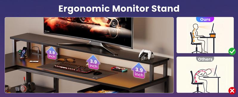 L Shaped Gaming Desk,LED & 6 Outlet Charging Station,Double Layer Computer Desk With Monitor Stand And CPU Rack