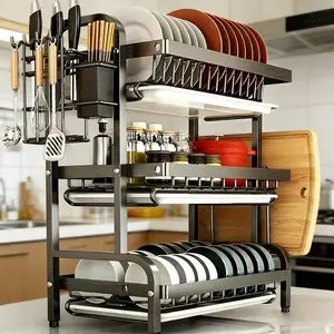 3-Tier Over Sink Dish Drying Rack - Adjustable Expandable Kitchen Organizer with Baskets, Carbon Steel & Plastic, Black | Space-Saving Drainer | Escurridor De Platos