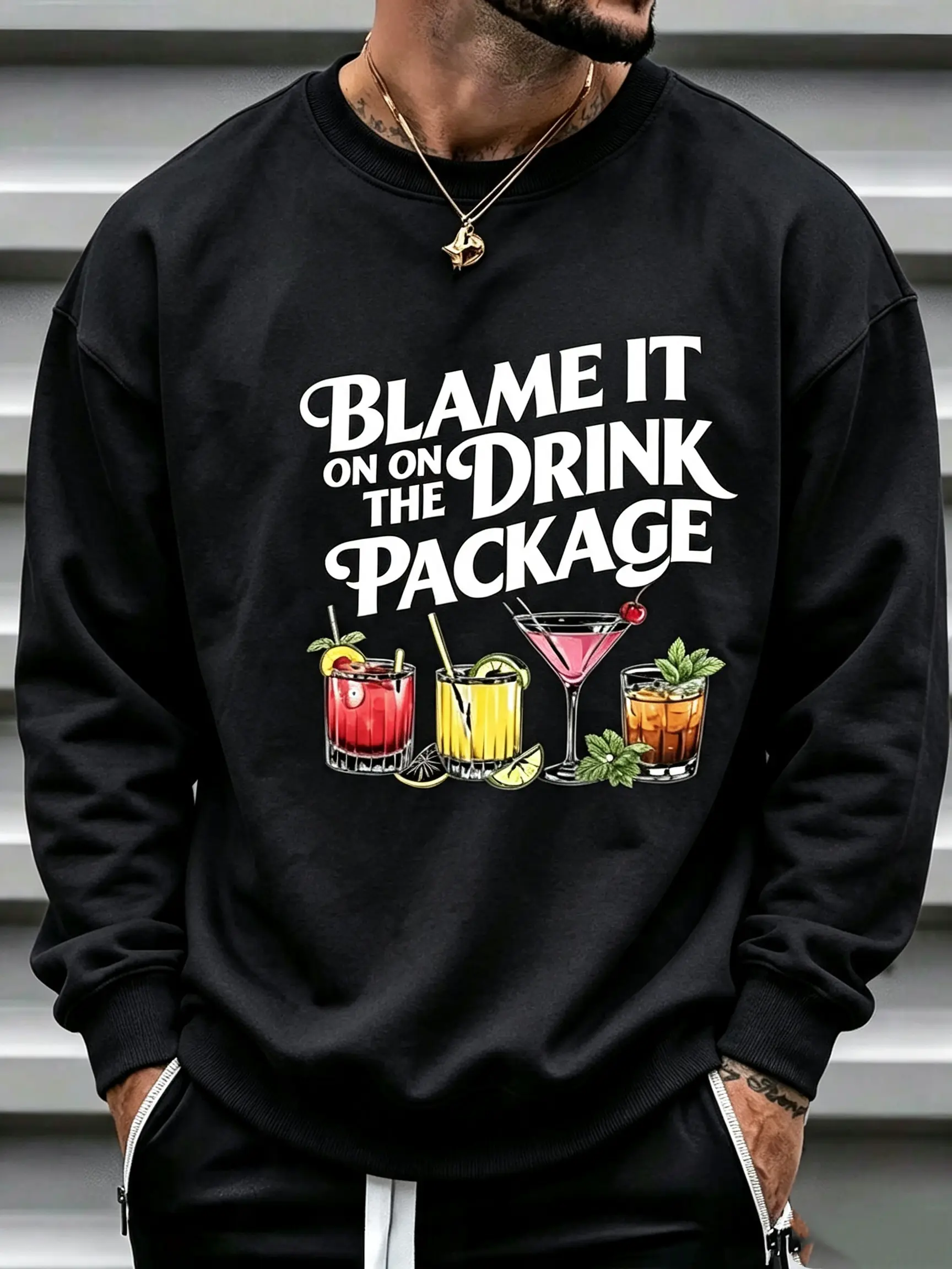 Men’s “Blame It On The Drink” Cocktail Graphic Hoodie/Sweatshirt - Baggy Plus-Size Crewneck Pullover Tops, Menswear Front Print Streetwear, Casual Party Vibe Fabric Long-Sleeve Boyfriend-Style Apparel
