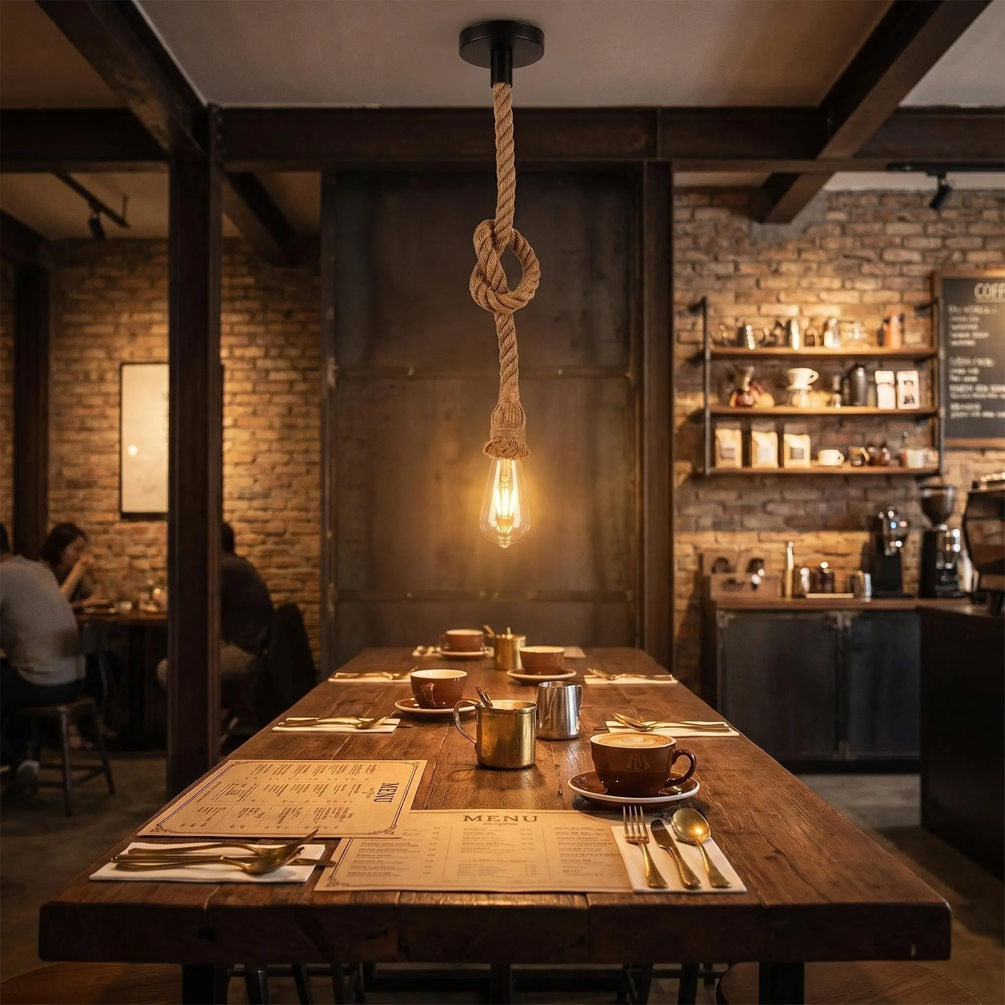 Hemp Rope Pendant Light Kit, Vintage Industrial Hanging Lamp Holder E26/E27 Compatible, Black Metal Ceiling Canopy, DIY Farmhouse Lighting Fixture for Kitchen, Bar, Cafe, Dining Room, Home Decor
