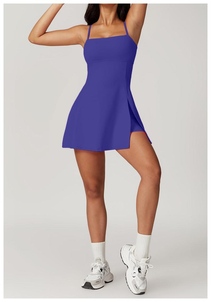 Women's Tennis Dress with Square Neck Built-in Shorts Backless Golf Dresses Workout Side Slit Athletic Golf Dresses in Multiple Colors Sleeveless Casual Everyday Seamless Sportswear Summer