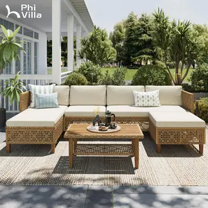 Phivilla Boho Wicker Patio Furniture Sofa Set, 3-6 Seaters, Outdoor Rattan Sectional Sets Conversation Set - Weather-Resistant, with Dual Storage Coffee Table Acacia Wood Legs for Garden, Patio & Deck