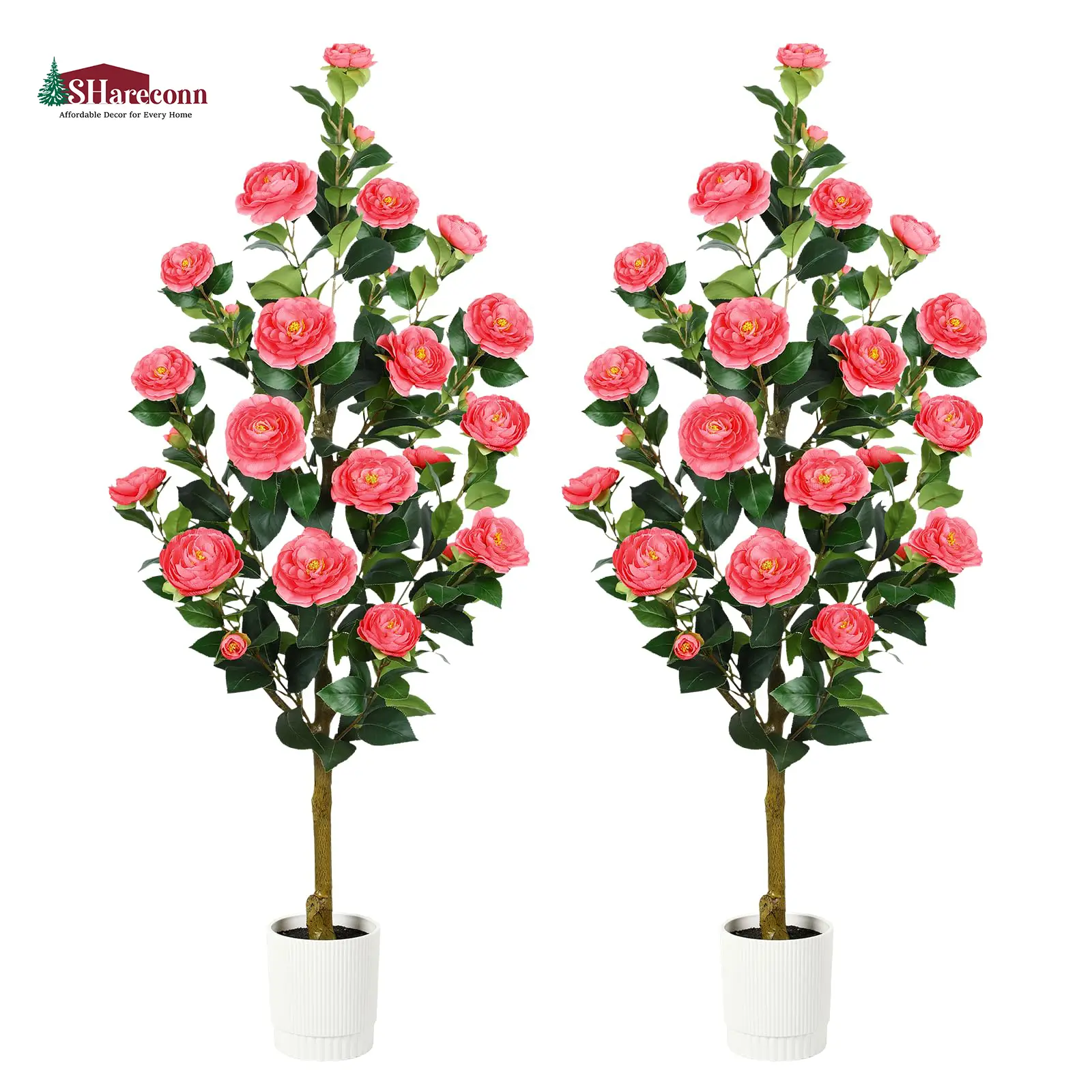 SHareconn 2-Pack 3/4FT Flared Decorative Artificial Camellia Trees, Lifelike Faux Plants with Blooming Flowers, No-Maintenance Nature-Inspired Pieces for Room, Indoor Home Porch Decor (Black Friday, Earth Day Deals), Artificial Flowers Bouquet