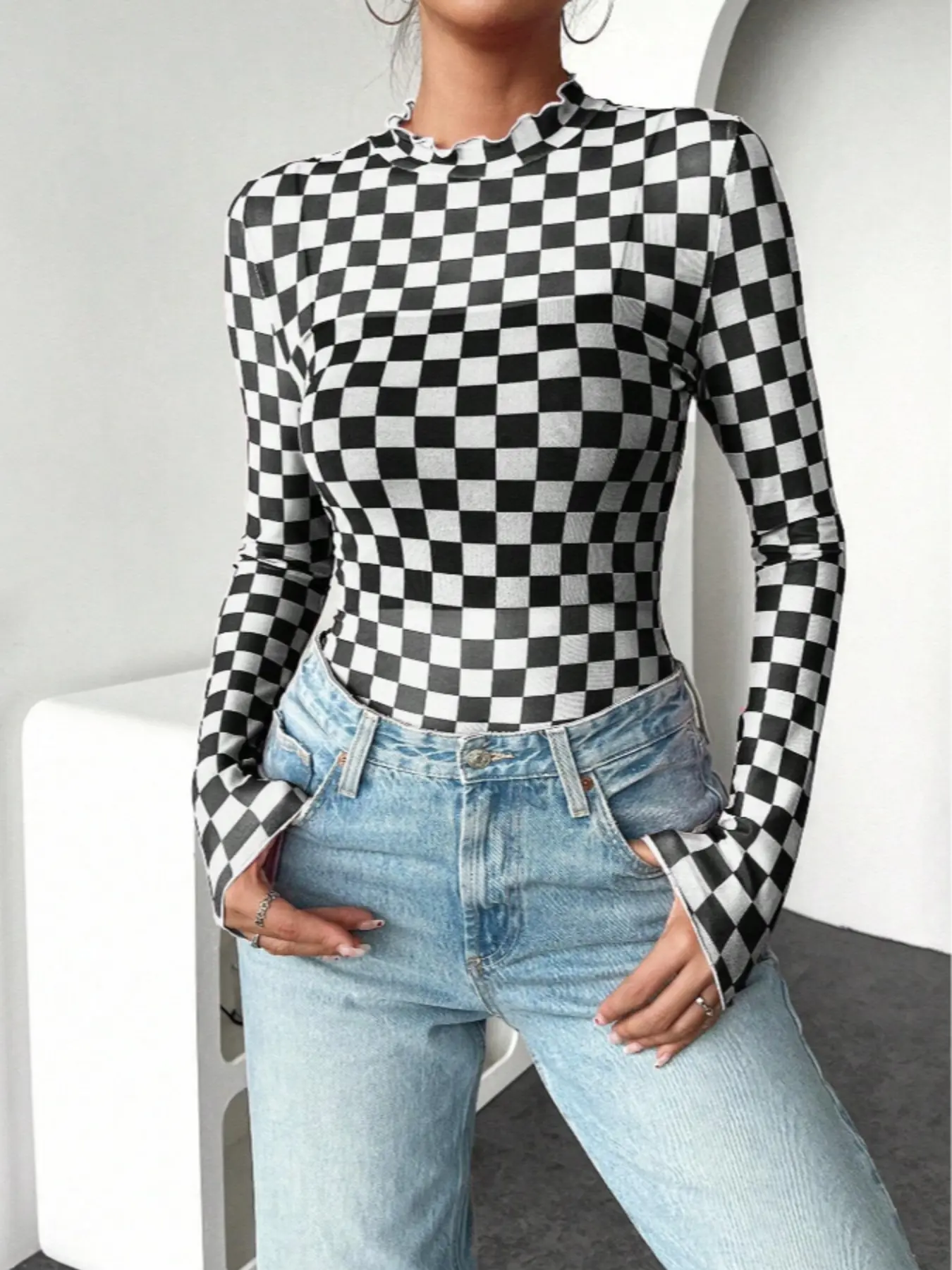 Women's & Chessboard Plaid Pattern Mesh Breathable Long Sleeve Top, Thin Lightweight Sun Protection Sexy Blouse, Casual Summer Tee Shirt, Casual Daily Tops