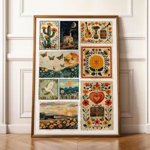 Mexican Heritage Print | Folk Art Stamp Wall Art | Cempasuchil Marigold Print | Immigrant Pride Butterfly Train Sacred Heart Decor 9