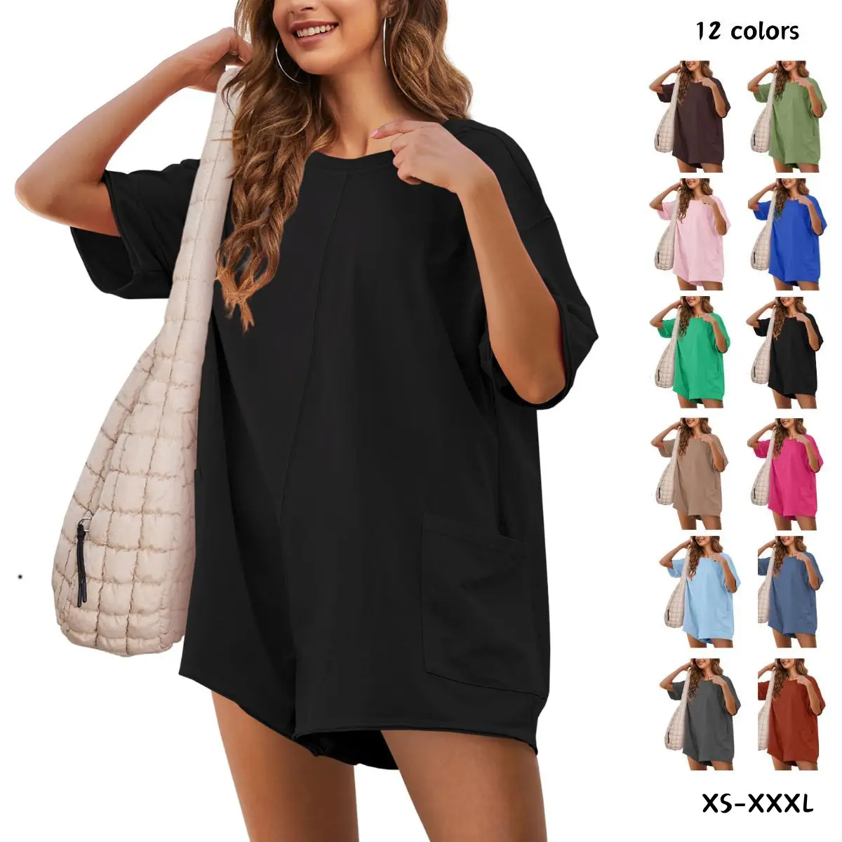Yeokou Women's Romper, Oversized Slouchy Short Sleeve Reversible Pullover with Deep Pockets, Basic Clothes for Lounging & Workout, Plussize, Loose Casual Jumpsuit, Women's Clothes, Clothes For Women, Rompers For Women