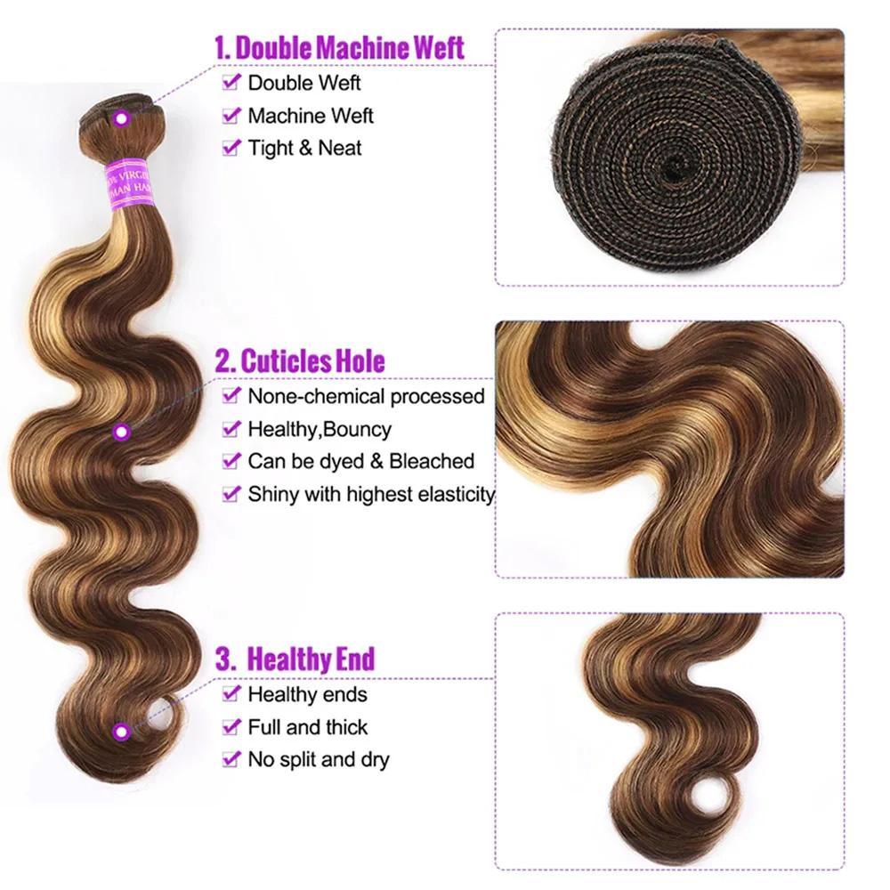 FB 30 Brown Highlight Human Hair Bundles P4 27 Highlight Body Wave Bundles Ombre Colored Remy Human Hair Extentions For Women Curly Hair Extensions Sew In Hair #Summervibes