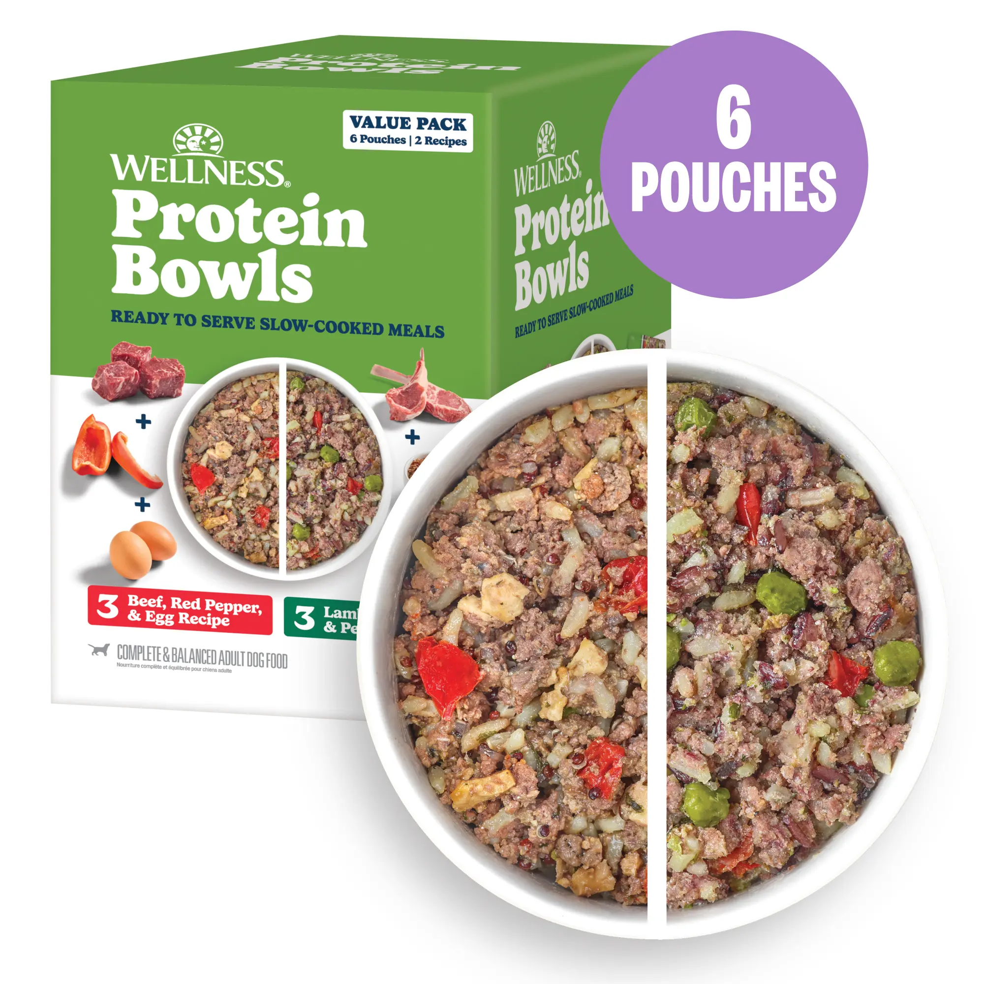 Wellness  Protein Bowls, Adult Fresh Alternative Dog Food, Wholesome Grains, 6.2 Ounce Pouch, 6 Pack, (Beef & Lamb Value Pack)