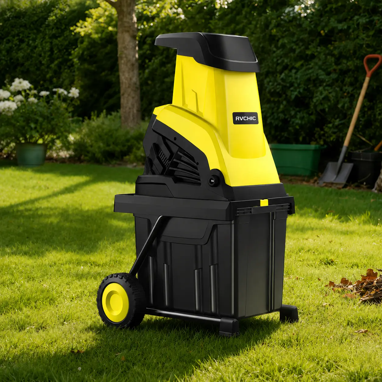 RVCHIC 15A Heavy-Duty Electric Wood Chipper - 1.77-Inch Cutting Capacity, 21:1 Reduction Ratio, 10-Gal Collection Bin for Branches, Sticks