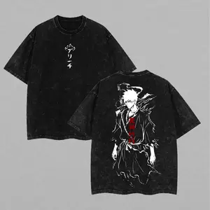 Ichigo Kurosaki Washed Tee – Bleach Oversized Anime Shirt, Heavy Cotton T-shirt Retro Double-Sided Water Wash T-Shirt