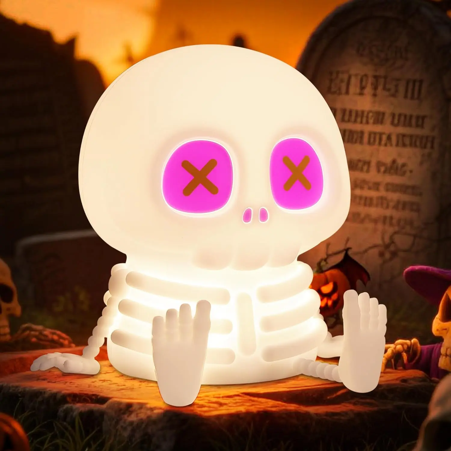Halloween Skull Night Light, Silicone Skeleton Lamp with & Adjustable Warm Light, Touch Control LED Bedside Lamp, Halloween Room Decor, Summerween Party Decoration, Birthday & Christmas Gift