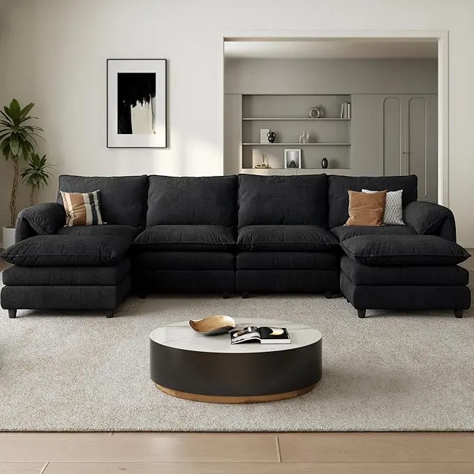 YITAHOME  142" Modular Sectional Sofa, Modern U Shaped Couch with Movable Ottoman, Pillow-Armrest, Velvet 6 Deep Seat Cloud Couch for Living Room, Black