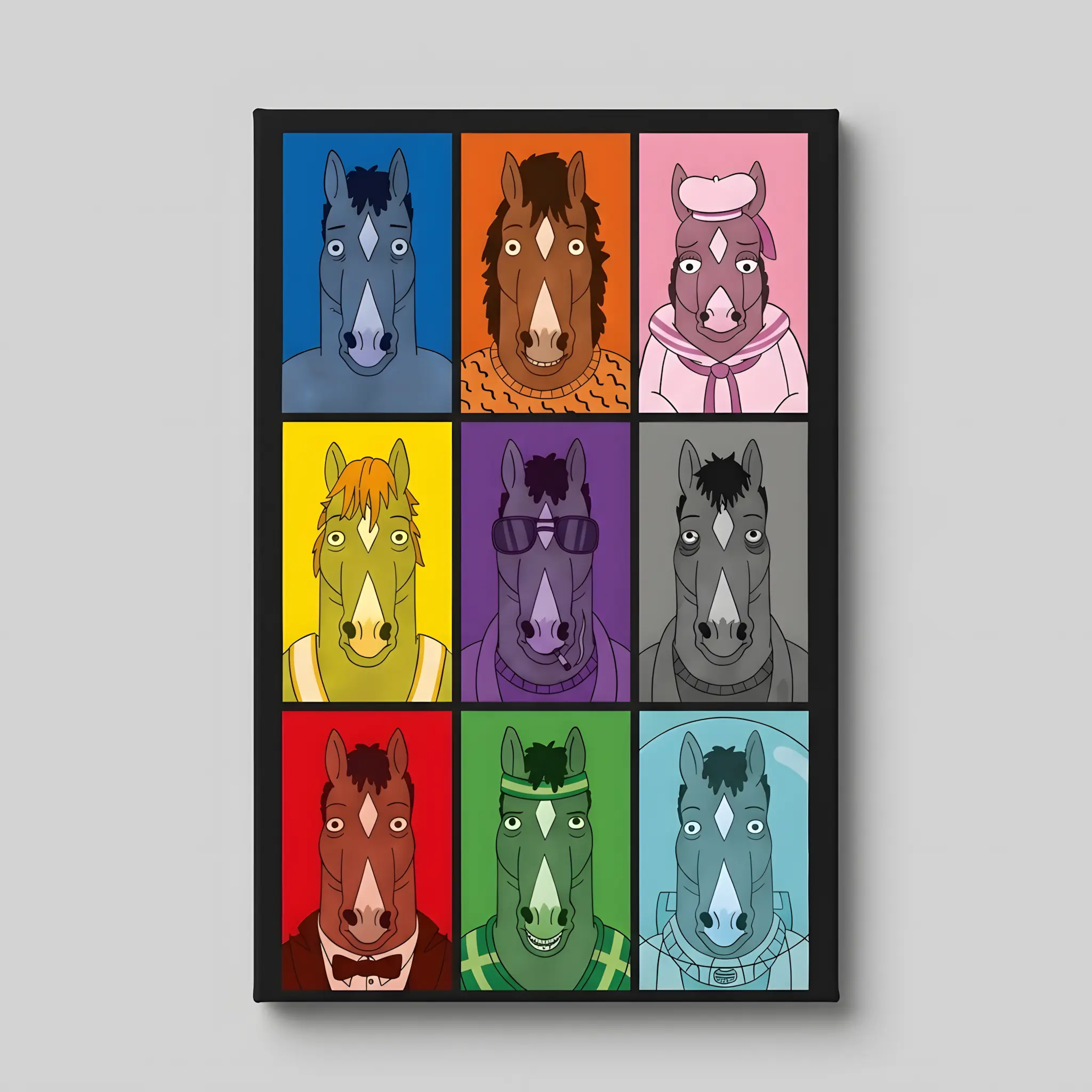 BoJack Horseman Poster Pop Art 9 Grid Evolution Canvas Wall Art Colorful Retro Cartoon Vertical Framed Print Multi-Purpose Wall Decor for Bedroom Living Room Dorm Office Gift Idea Animation Artwork Home Decor