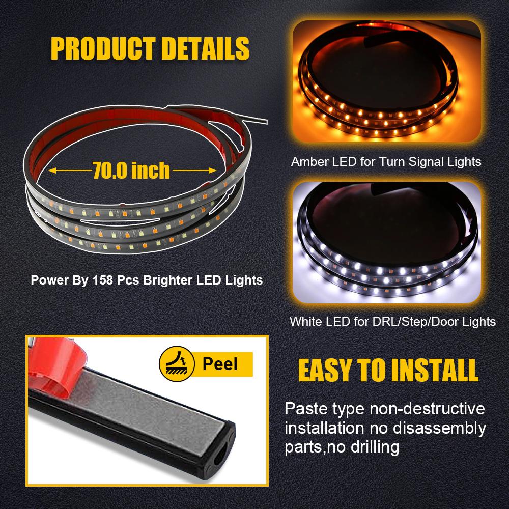 2x 70" Running Board LED Light DRL Side Step Strip Bar Amber White Turn Signal