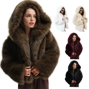 Yimoon Women's Faux Fur Coat with Hood Warm Cropped Fluffy Fur Jacket Long Sleeve Open Front Winter Jackets