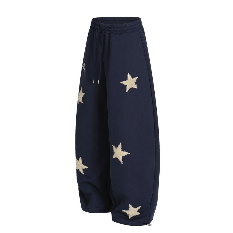 TELLFUN 2026 Men‘s Star Embroidered Jogger Pants Loose Fit Barrel Leg Sweatpants with Stretch Fabric and Drawstring Waist Y2K Streetwear Style；Unisex