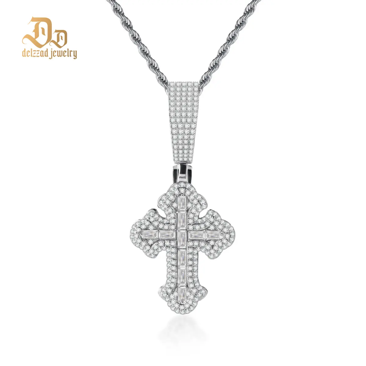 Delzzad Iced Out Calvary Pendant Baguette Cross Pendant Necklace Chain D Color VVS Synthetic Moissanite Necklace Jewelry Copper Chain Perfect Birthday Engagement Wedding Anniversary Mother's Day Christmas Valentine's Day Gifts