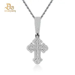 Delzzad Iced Out Calvary Pendant Baguette Cross Pendant Necklace Chain D Color VVS Synthetic Moissanite Necklace Jewelry Copper Chain Perfect Birthday Engagement Wedding Anniversary Mother's Day Christmas Valentine's Day Gifts