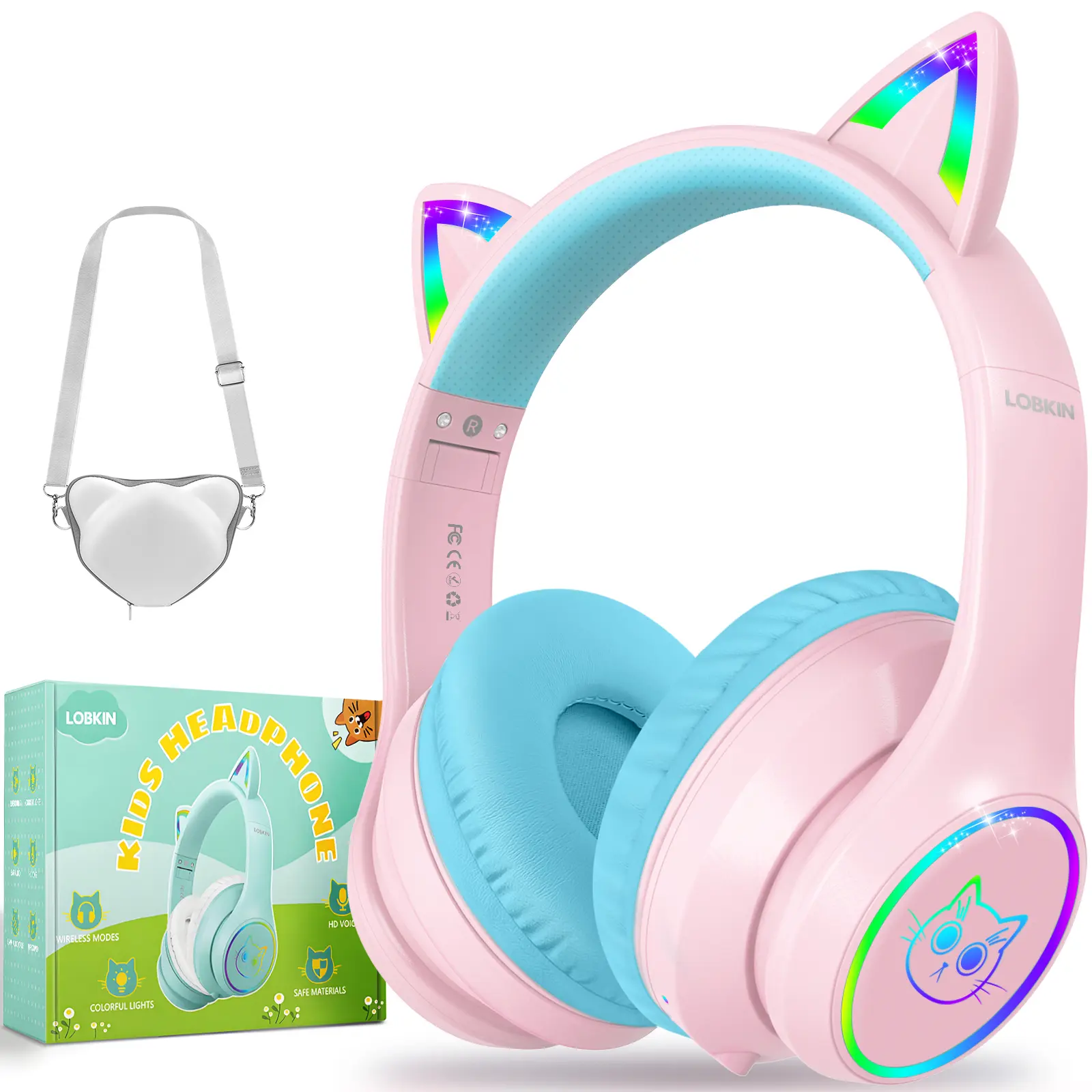LOBKIN Bluetooth 5.4 Over-Ear Kids Headset with Sponge Cushions, RGB LED Cat Ears, Folding Adjustable Design, Case, Dual Wireless/Wired 3.5mm Connection, Noise Reduction for Boys/Girls Compatible with Devices