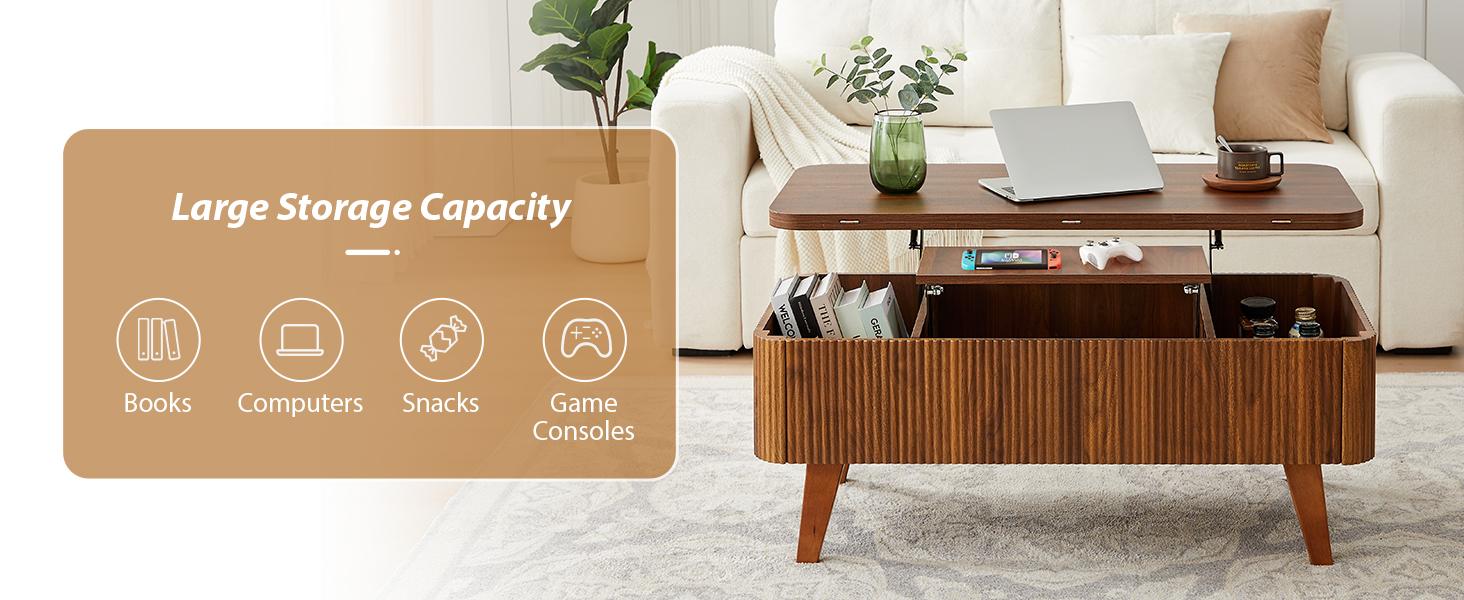 Giratree Fully Assembled Wooden Center Table, Fluted Lift Top Coffee Table with Hidden Compartment, Modern Oval Lift Tabletop for Home Living Room Office Giratree Fully Assembled Wooden Center Table, Fluted Lift Top Coffee Table with Hidden Compartment, Modern Oval Lift Tabletop for Home Living Room Office