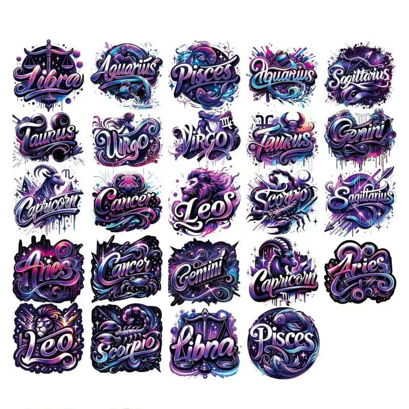 Zodiac UV DTF Stickers - 24 Sheets Sticker Packs Purple Leo Sagittarius UV DTF Cup Wraps for 16 oz Glass Water Bottle, Libra Taurus Waterproof Transfer Sticker Decals DIY Tumbler Coffee Mug Craft Decoration