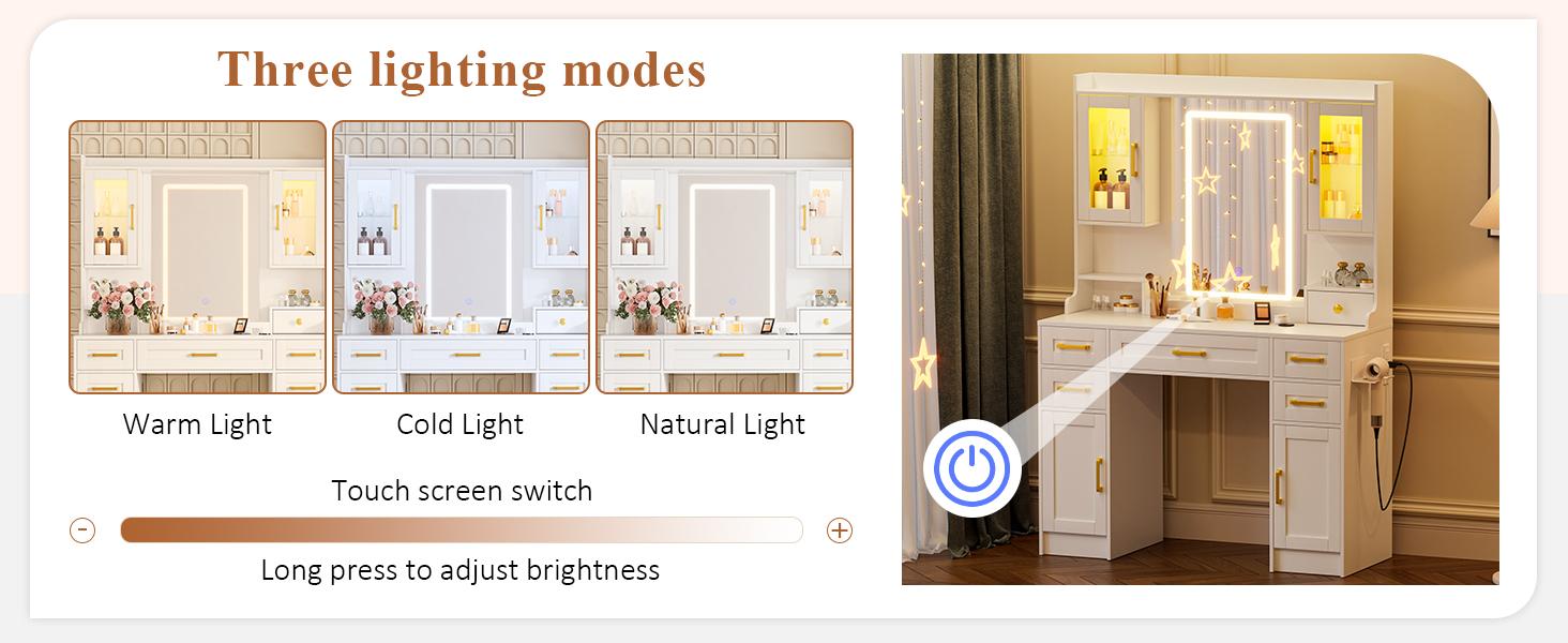 Makeup Vanity with HD Mirror, Dressing Table with Adjustable LED Lighting, Vanity Desk Ample Storage & Built-In Power Outlets – Perfect for Beauty Essentials and Home Use