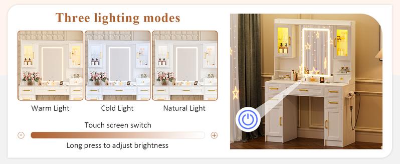 【Valentine's Day gift】Makeup Vanity with HD Mirror, Dressing Table with Adjustable LED Lighting, Vanity Desk Ample Storage & Built-In Power Outlets – Perfect for Beauty Essentials and Home Use