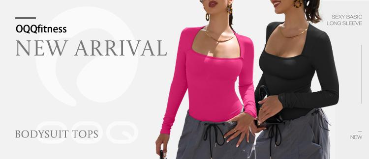 OQQfitness Womenswear Comfort Basic Minimalist Square Neck Bodysuit Top - Long Sleeve Fitted Elegant Underwear for All Seasons, Machine Washable