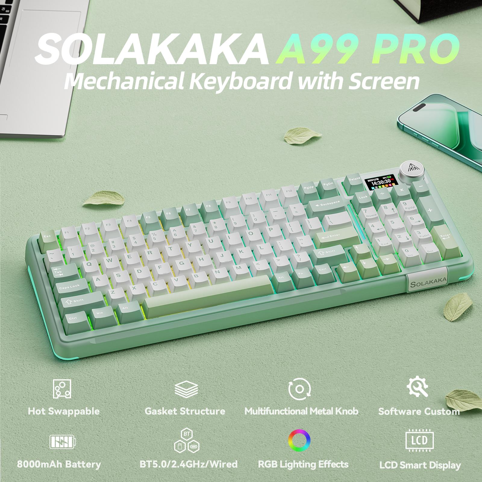 Solakaka A99 Pro Custom Wireless Mechanical Keyboard,  Hot-Swappable, LCD Screen & Control Knob, Tri-Mode BT/2.4G/USB-C, RGB Backlit