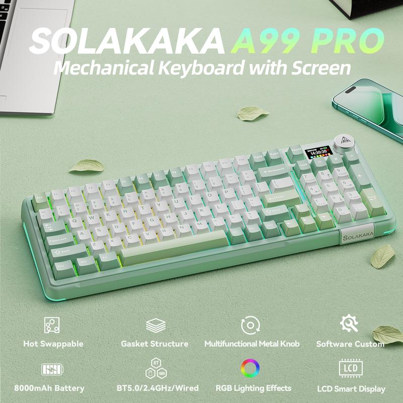 Solakaka A99 Pro Custom Wireless Mechanical Keyboard,  Hot-Swappable, LCD Screen & Control Knob, Tri-Mode BT/2.4G/USB-C, RGB Backlit