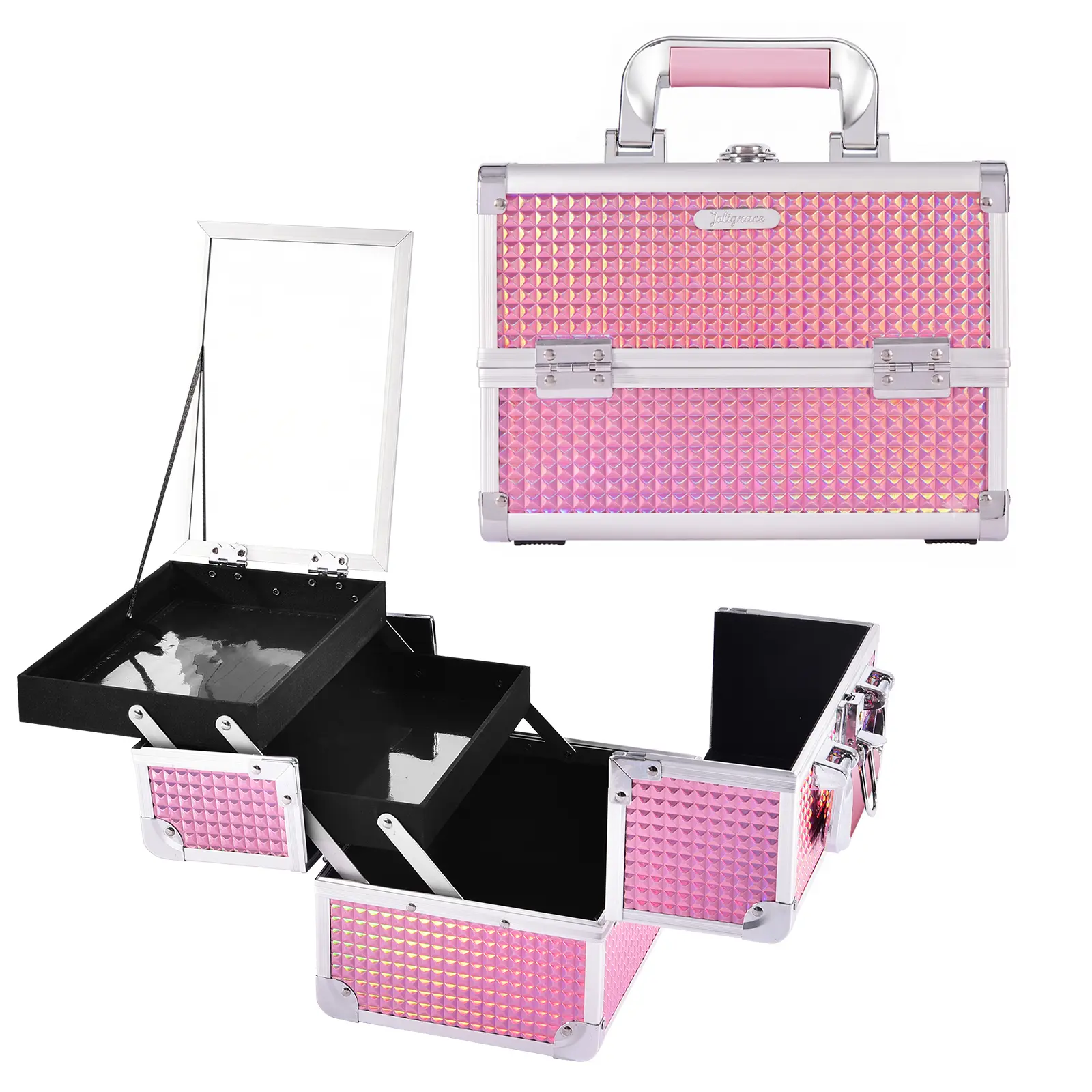 Joligrace Makeup Train Case Cosmetic Box 2 Trays Makeup Case Storage with Mirror Travel Makeup Box for Cosmetologist Aesthetic Supplies Nail Tech