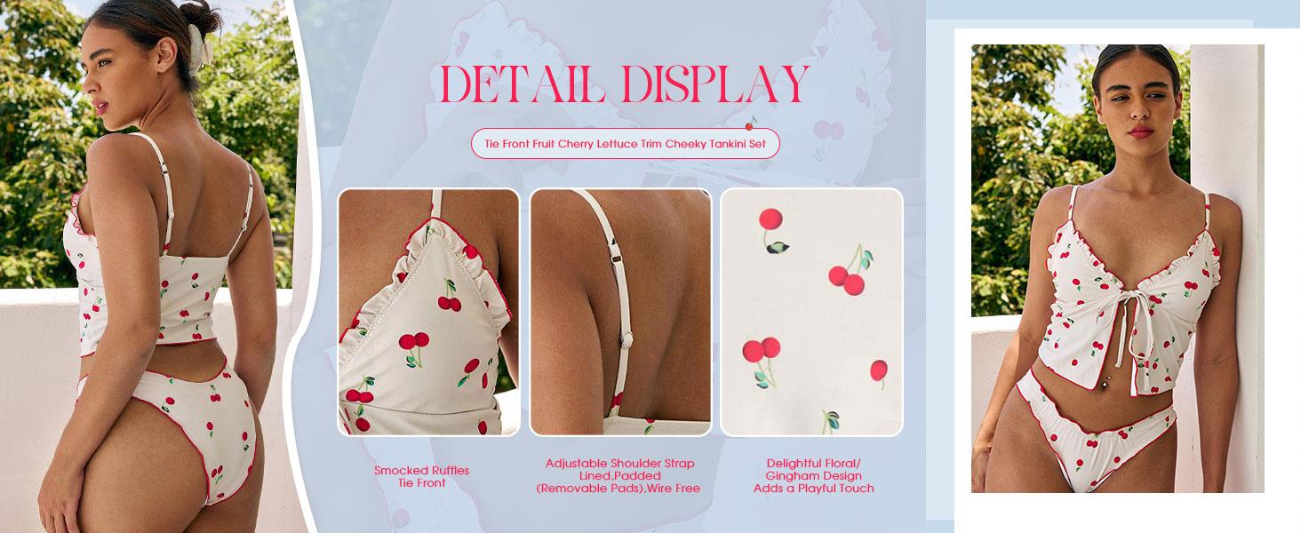 ZAFUL Tankini Swimsuits for Women Smocked Ruffles Tie Front Bowknot Textured High Cut Tanga Tankini Set