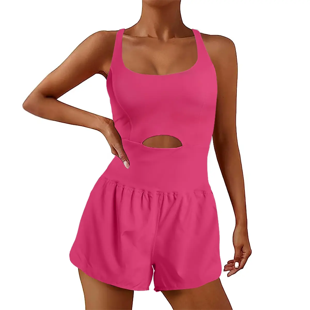Women's Athletic Workout Romper, Solid Backless Outfit with Keyhole Front, Built-in Bra, and Cross-Back Straps for Yoga, Outfits, Women's Clothes, Machine Washable Ease, Back Tie Detail Jumpsuits & Rompers, Body-Fit Jumpsuits & Rompers