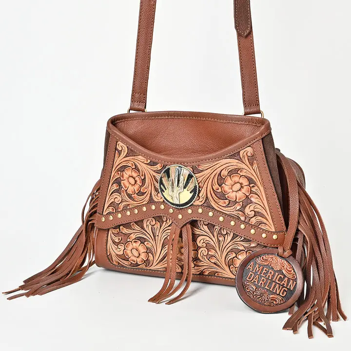 American Darling Bucket Bag for Women, Hand Tooled Floral Leather with Rivets & Fringes, Western Crossbody with YKK Zipper, Adjustable, Hand Tooling, Artistic Riveted Details, Boutique Styling, Casual, Vegetable Tan, Swaying Fringes