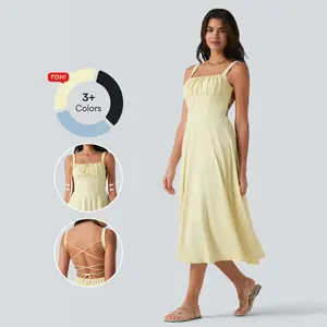 【Creator’s Pick】Halara Lemon Sea Salt Crisscross Backless Square Neck Sleeveless Ruched Built-in Bra Midi Resort Flowy Dress