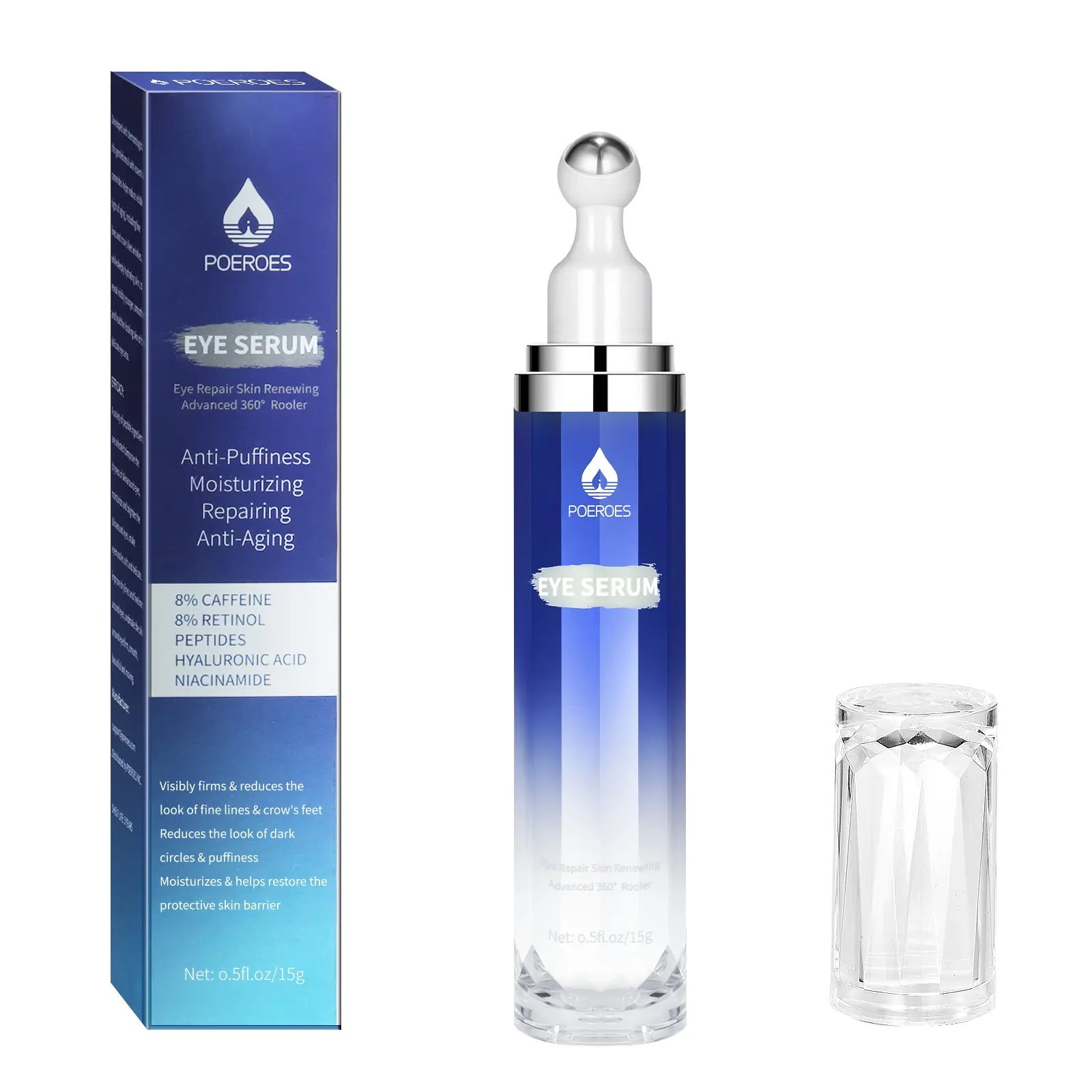 POEROES Caffeine Eye Serum & Cream Roller with 360° Massage Ball - Moisturizing Under-Eye Care Beauty Product with Hyaluronic Acid for Sensitive Skin, Targets Dark Circles, Puffiness, Wrinkles, Fine Lines, Hydration, Caffeine Blend