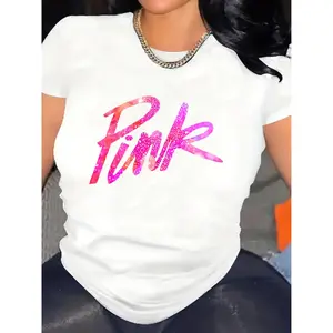 Women's Soft Casual Tee - Vibrant Pink Letter Print, Short Sleeve, Round Neck, Comfortable Fit for Casual Attire, Allseason Top| Vibrant Print Tee| Soft Fabric, Blouse