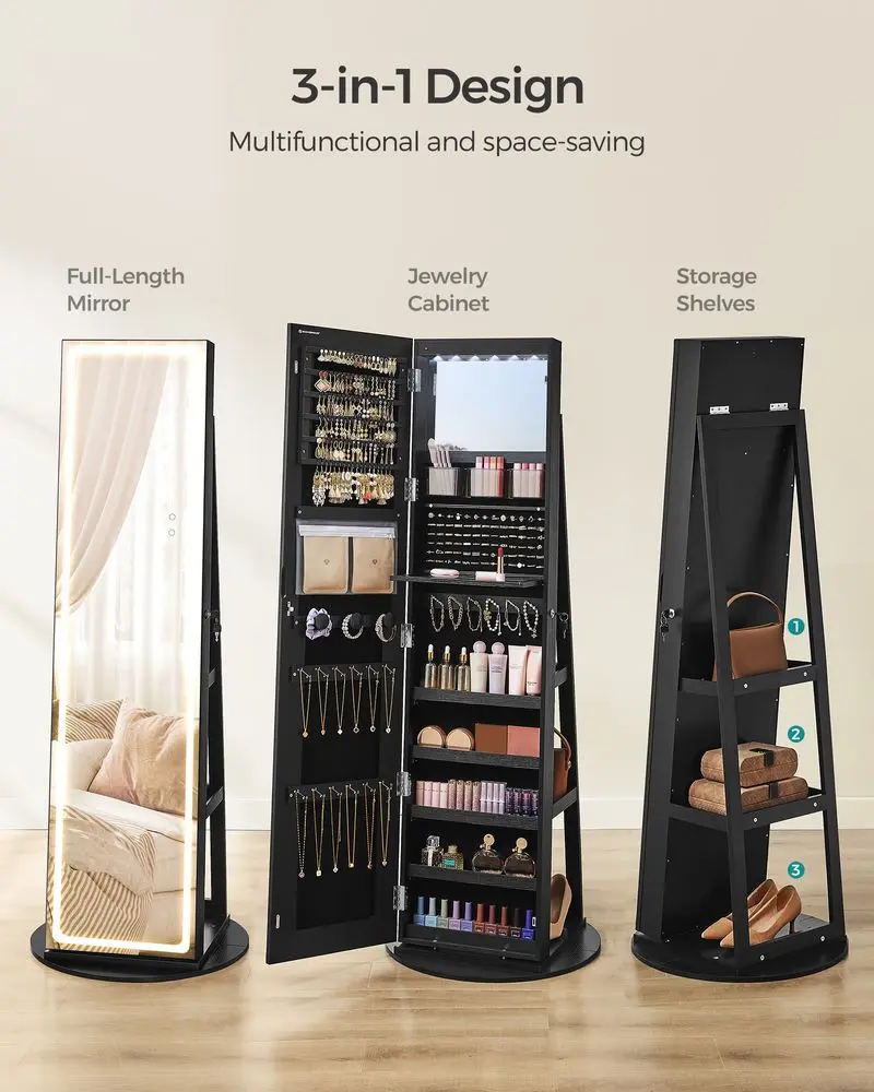 360° Rotating LED Mirror Jewelry Cabinet, Lockable Standing Armoire Organizer with Shelves for Makeup, Rings, Necklaces & Accessories Storage