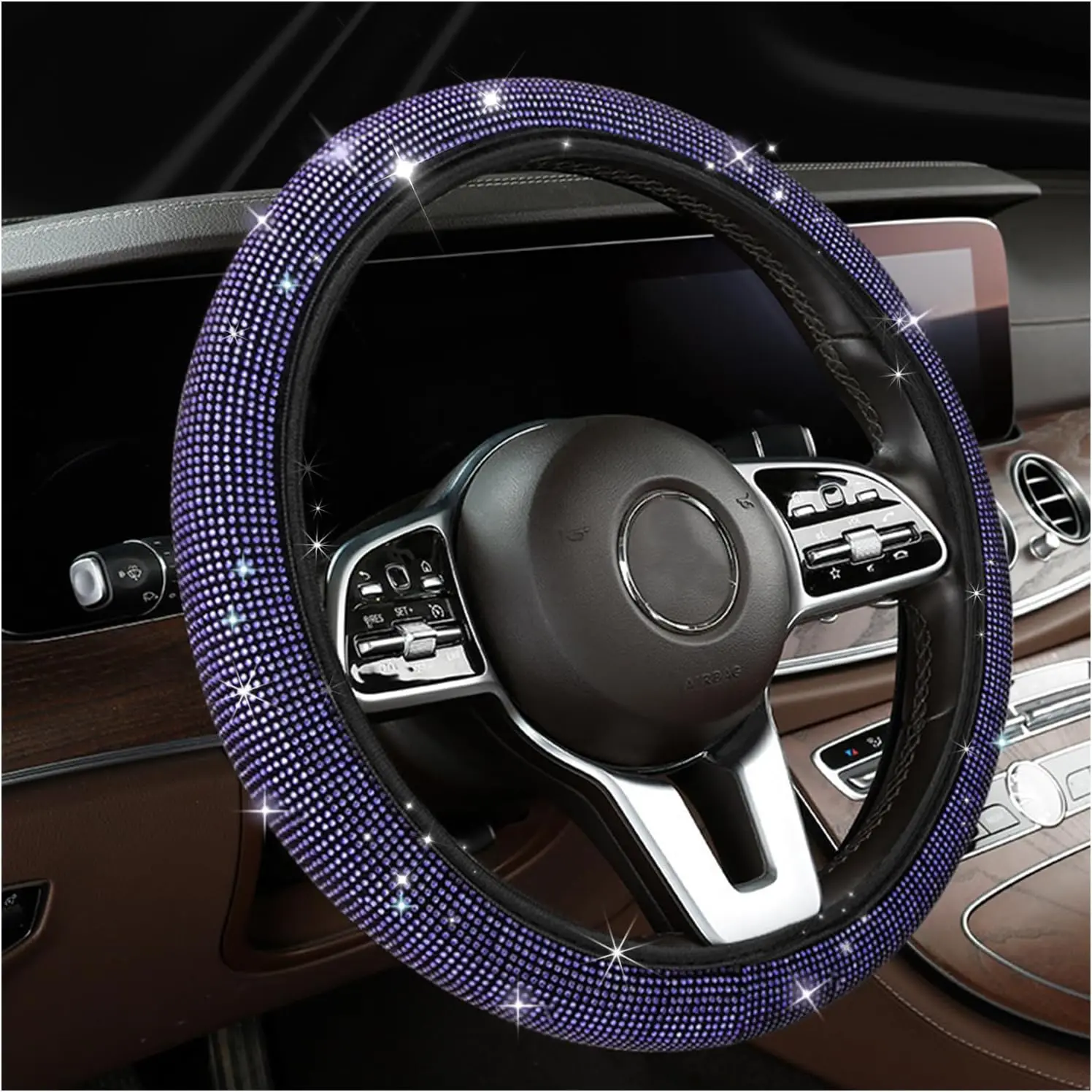 Women's 15-in Bling Rhinestone Steering Wheel Cover, Anti-Slip Velour Car Steering Wheel Protector, Sky Blue/Light Blue Decor Accessory for Most Vehicles