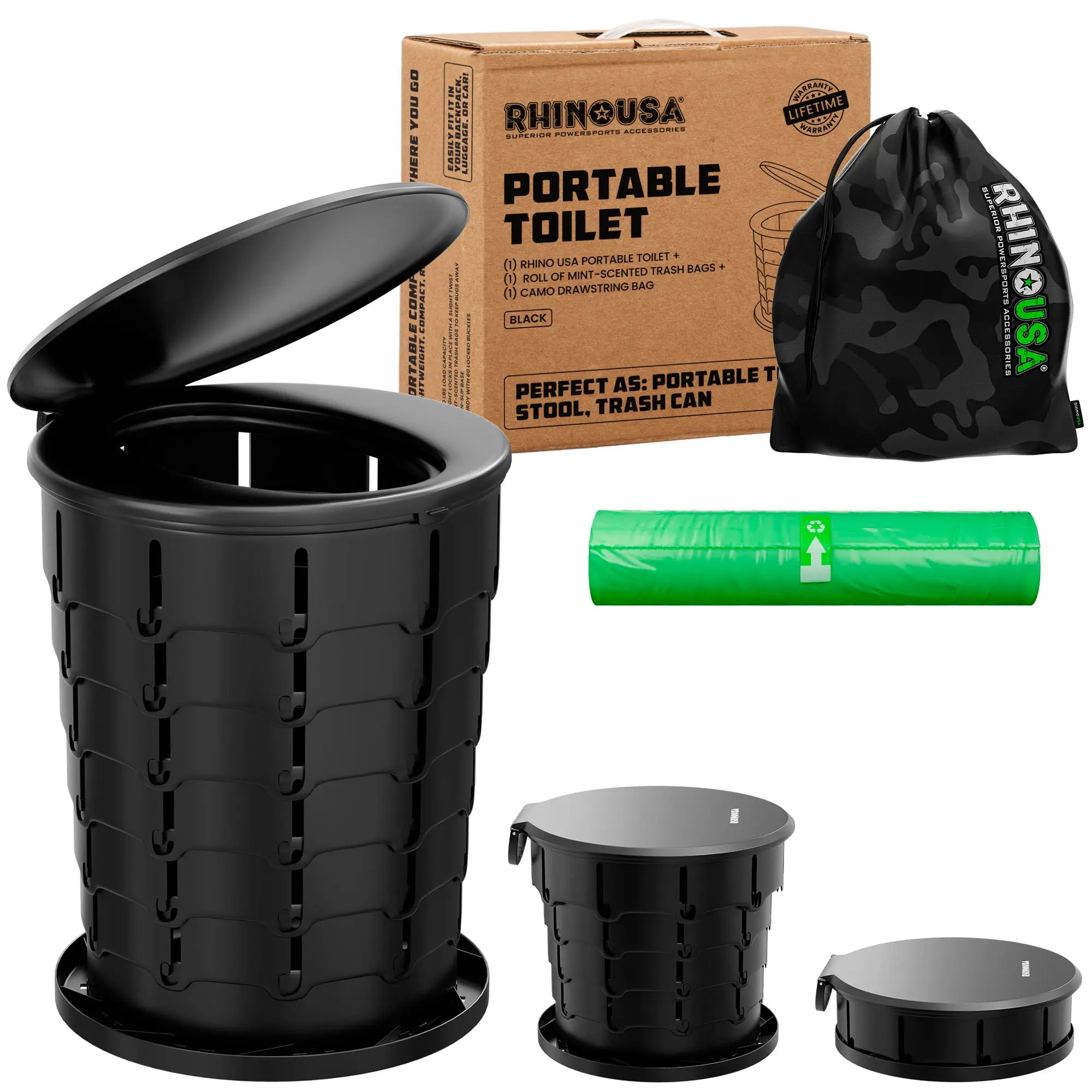 Rhino USA XL Portable Toilet for Camping (400lbs Capacity) Retractable Portable Toilet