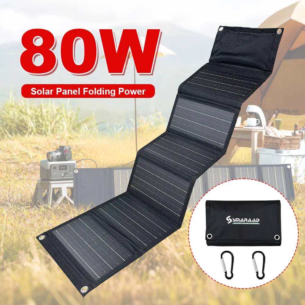 SMARAAD 80W Compact Folding Portable Solar Panel - 5V USB Port, Climbing Carabiners Included, Built Tough for Outdoor Use, for Camping & Home Improvement Foldable Solar Cell Rechargeable Solar Panel
