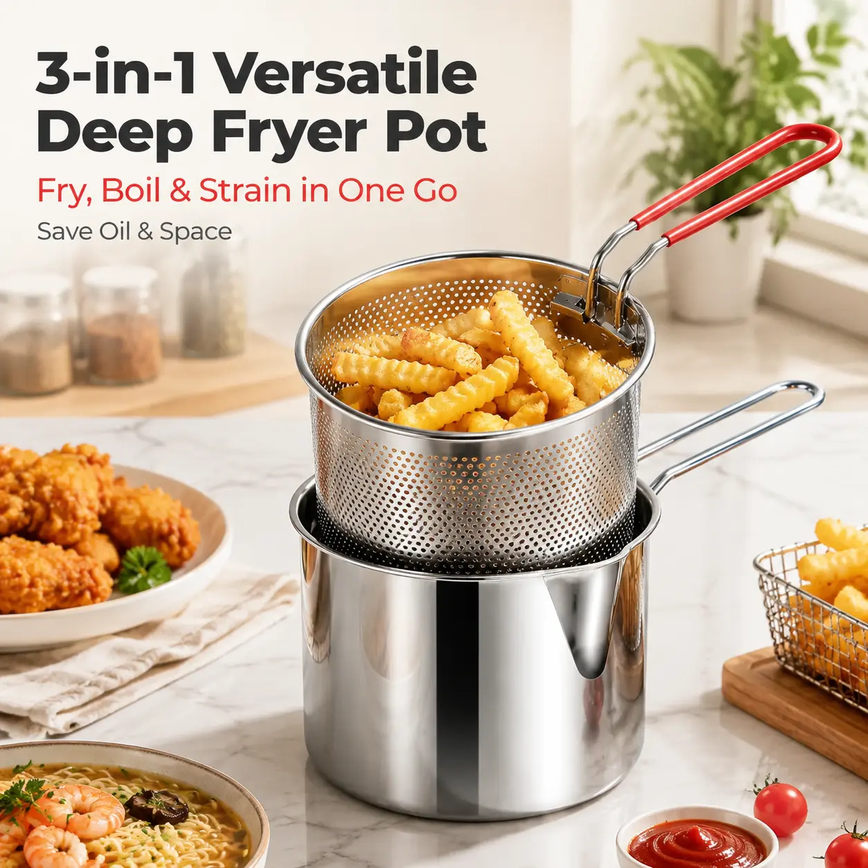 3Pcs Stainless Steel Multi-Use Fryer Set - 5.12*4.72in 1-Person Mini 1200ml Pot with Fry Pot, Oil Filter Basket & Food Clip, Rust-Resistant Portable Cookware for Home Users' Kitchen Chips, Chicken Wings