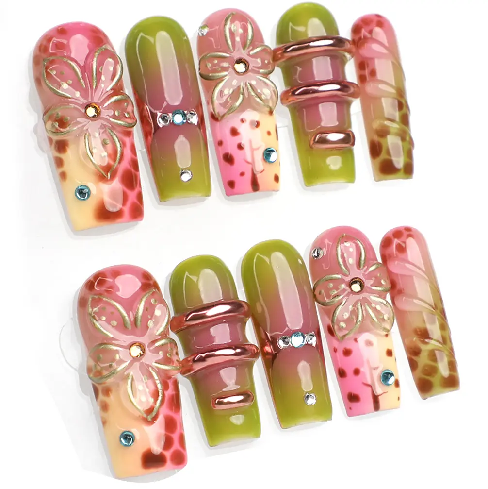 MuseMoodNails PG19 Rainforest Glow 3D Gel Press-On Nails Multi-Pack, 10 PCS Medium Square, 100% Handmade, Vegan-Safe, Salon-Quality Gel Nail Set, Instant Shine, Decorative Nails, Lazy Nail Method