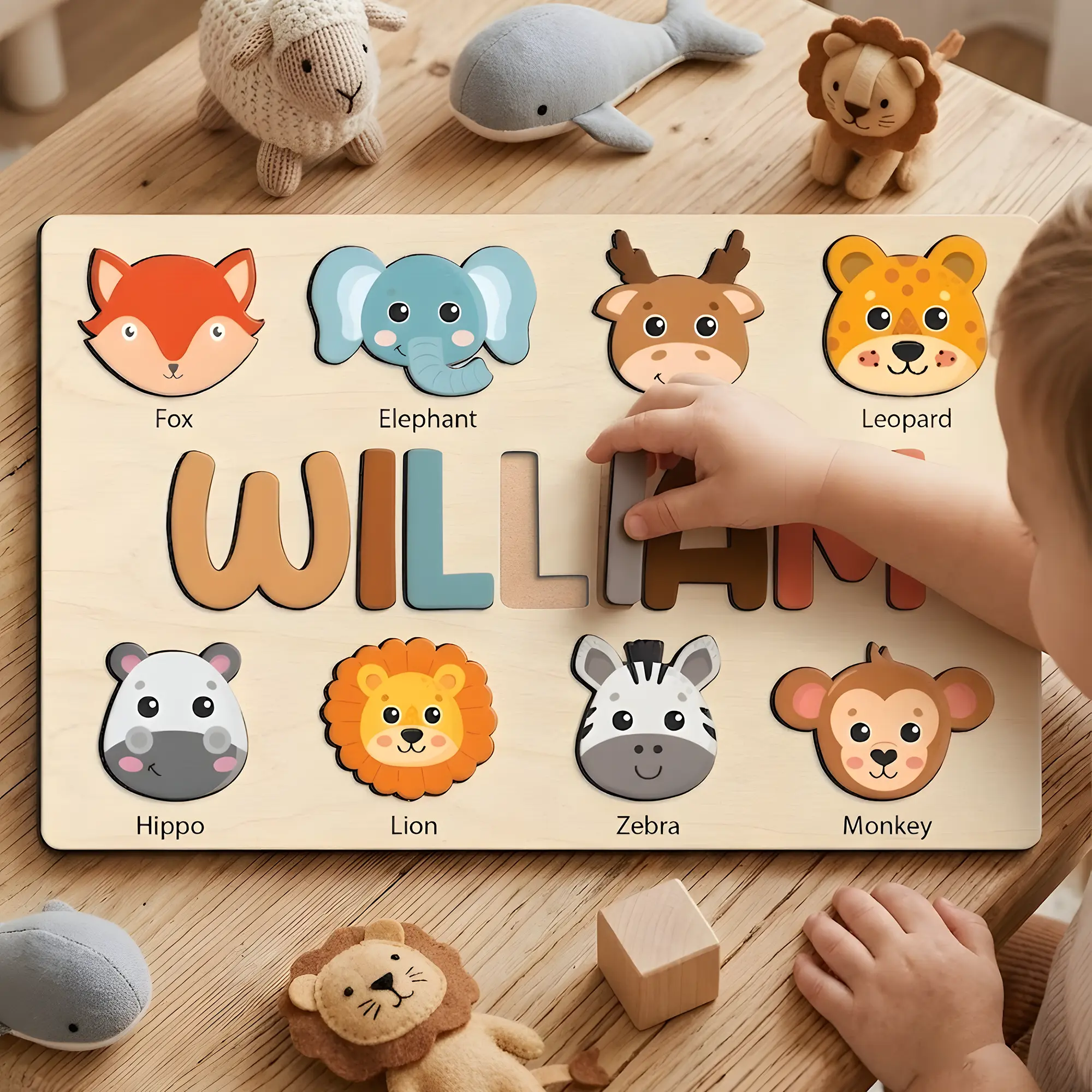 Personalized Wooden Name Puzzle, Toddler Baby Gift, Handmade Animal Toy, First Birthday Gift, Puzzles for Toddlers