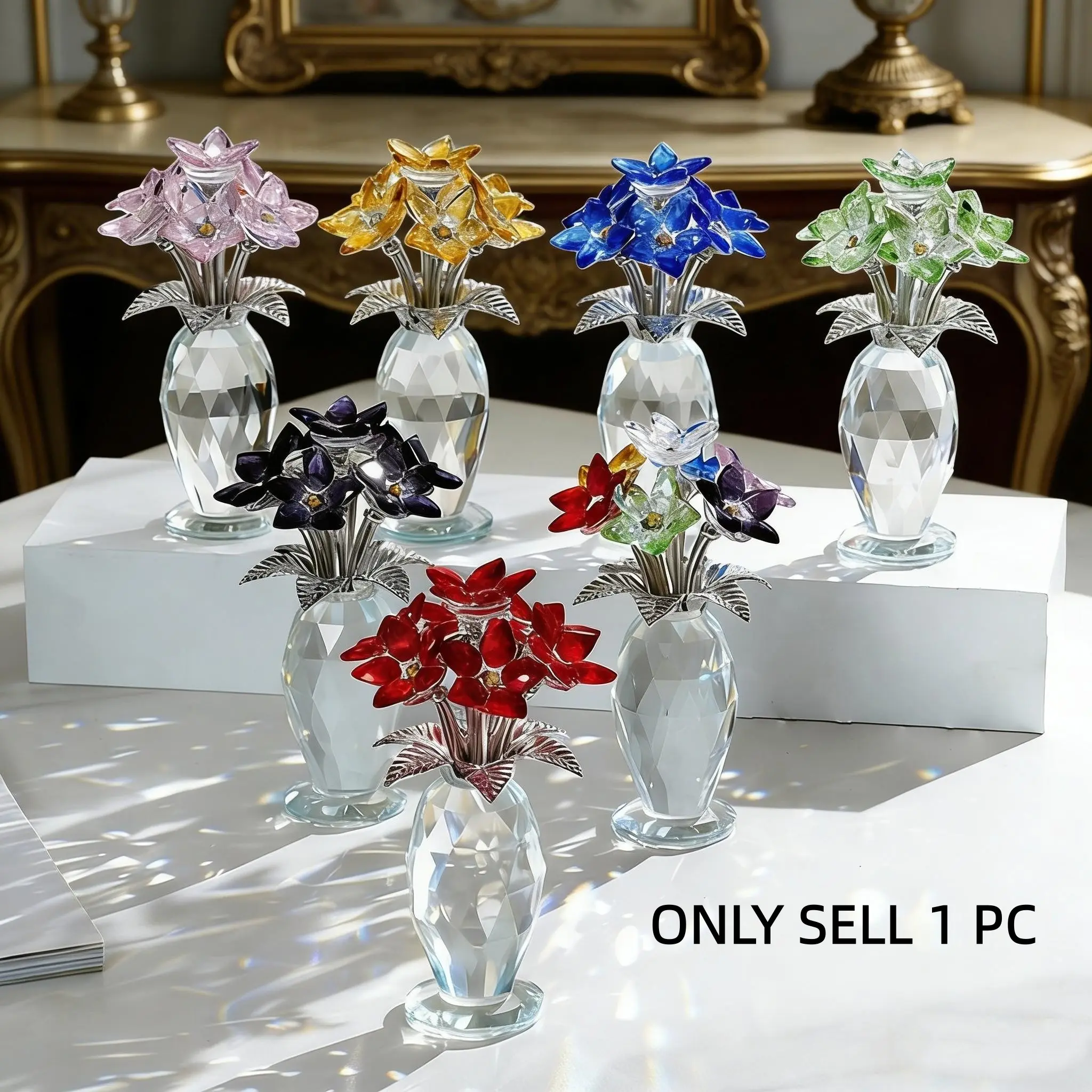 Multicolor Crystal Glass Rose Bouquet Ornament, Glitter Roses Bouquet, Elegant Flower Design, Decorative Artificial Flowers with Gem Decorations, Perfect Anniversary Gift, Birthday Gift, Valentine's Day Gift
