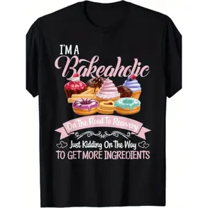 Humorous Baking Enthusiast TShirt Featuring ImABakeaholic Cupcake and Baking Graphics with Pink and Purple Frosting Designs Ideal for Casual Wear Baking Events and Birthdays Unisex Fit