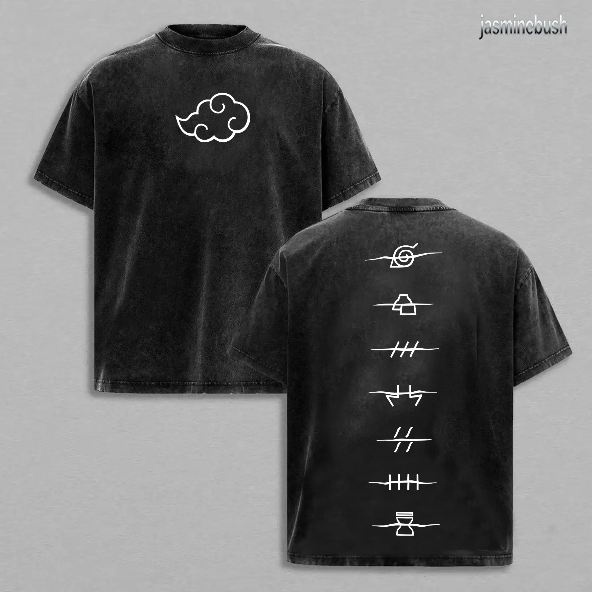 Unisex Naruto Anime Akatsuki Clan Logo Retro Washed Men’s Shirts, Oversize Heavyweight Cotton Short-Sleeve Round Neck Tshirt, High-Quality Vintage Streetwear Top for Naruto Fan Casual Wear
