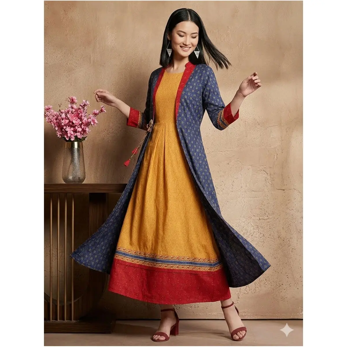 # AF/1213 Women’s Layered Kurta with Printed Long Overlay Jacket – Blue/Mustard/Red